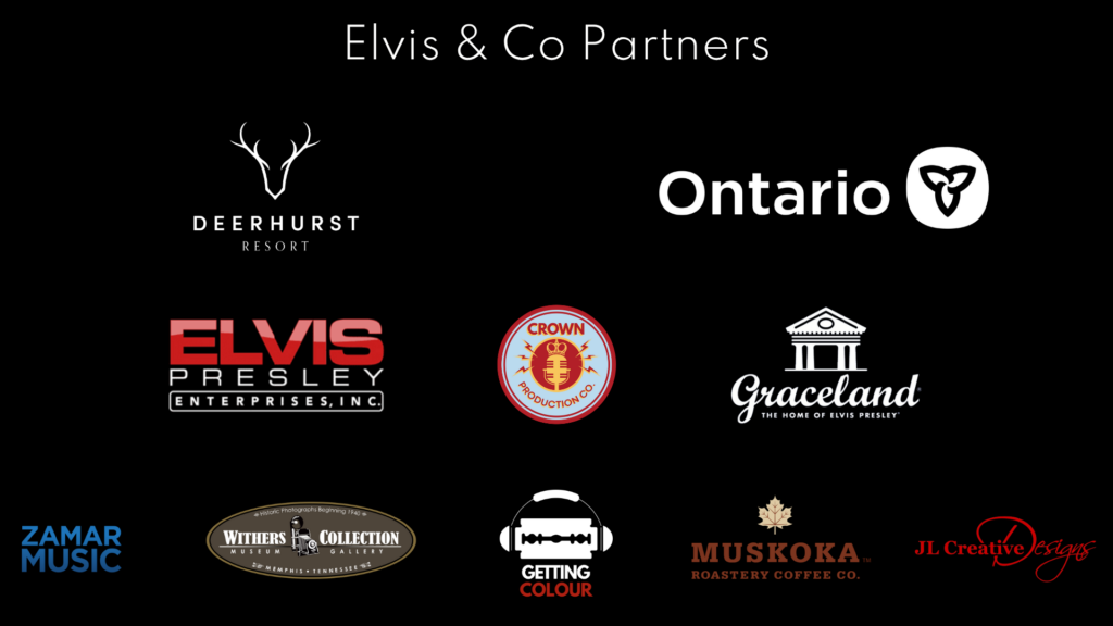 Collage of partner logos on a black background, including Deerhurst Resort, Ontario, Graceland, and Elvis Presley Enterprises links.