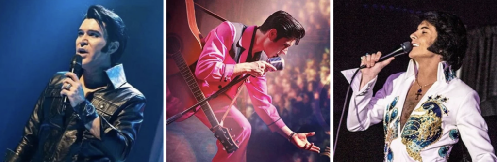 Three Elvis tribute artists performing on stage: left in a blue-lit leather jacket, center in a pink suit with a guitar, right in a jeweled white jumpsuit singing into a microphone.