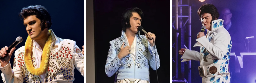 Three Elvis tribute artists performing on a stage in white rhinestone jumpsuits; the left wears a yellow lei, the middle in light blue, and the right in white with blue accents, all singing into microphones.