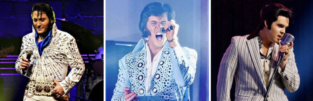 Three Elvis Presley impersonators perform on stage, each holding a microphone; two wear white rhinestone jumpsuits and one a striped suit.