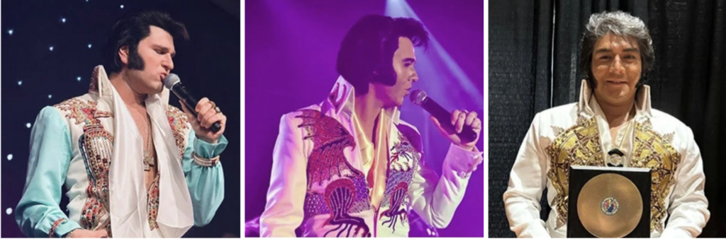 Elvis impersonator performing on stage, microphone in hand, wearing a light blue embellished jumpsuit.