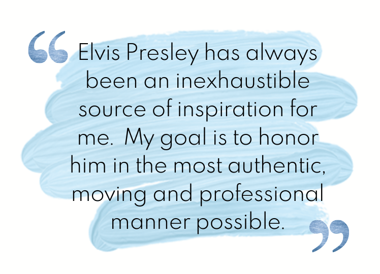 Quotation about Elvis Presley as an inexhaustible source of inspiration, set on a blue brush-stroke background with stylized quotation marks.