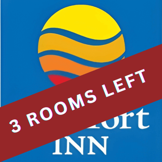 Blue hotel sign with a yellow sun logo and a diagonal red banner that says '3 ROOMS LEFT' across it, indicating limited availability.