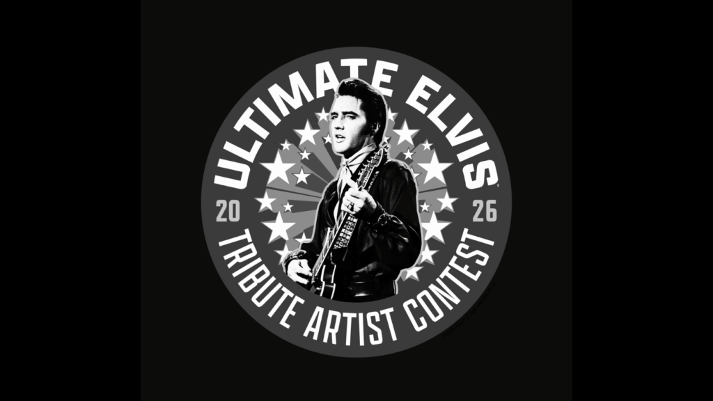 Black-and-white Elvis tribute artist playing guitar in front of a circular 'Ultimate Elvis Tribute Artist Contest 2016' logo.