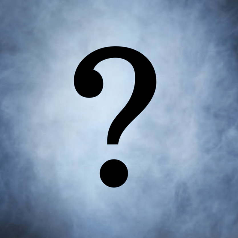 A large black question mark centered on a blue cloudy background, signaling an unknown or placeholder.