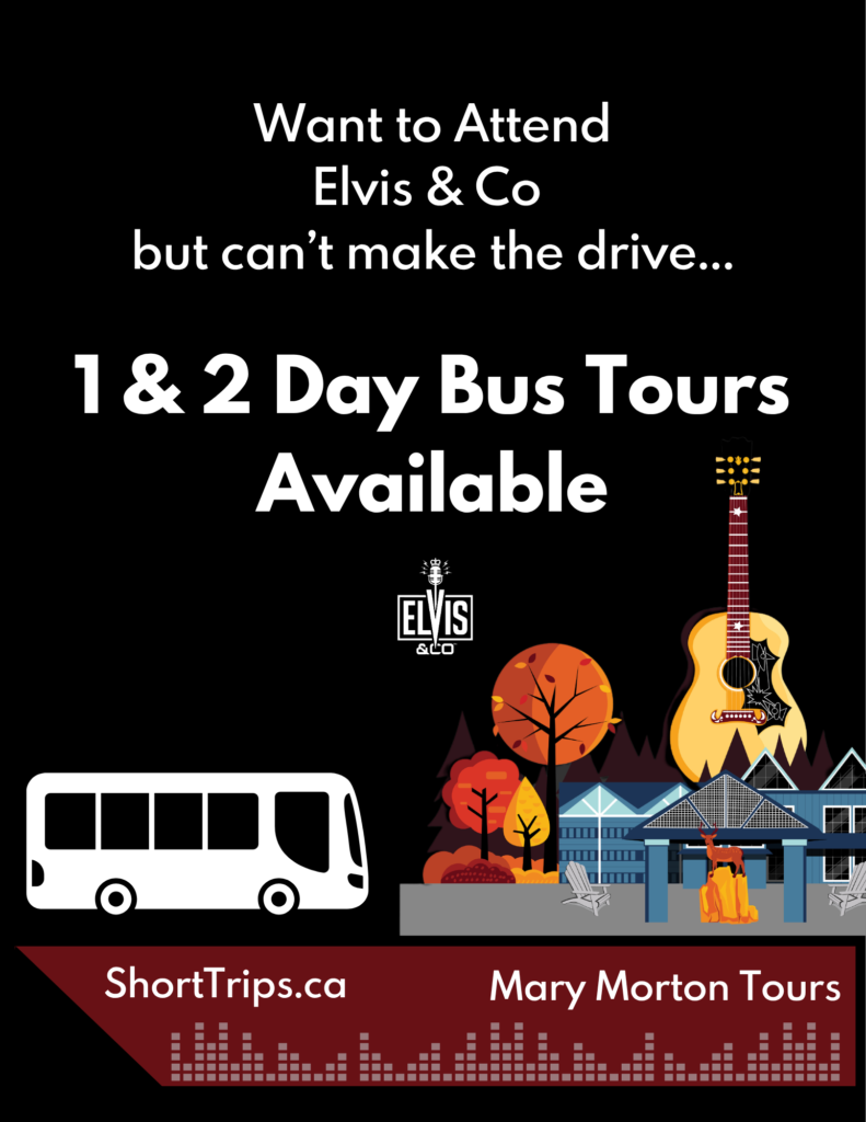 Promotional poster for Elvis & Co bus tours on a black background, featuring a guitar and autumn scenery with bold white text announcing 1-2 day tours available.
