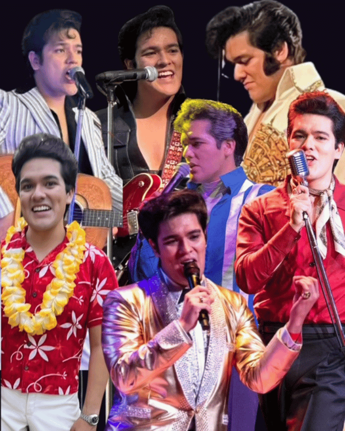 Group of Elvis tribute artists performing on stage in bright suits with microphones and guitars.
