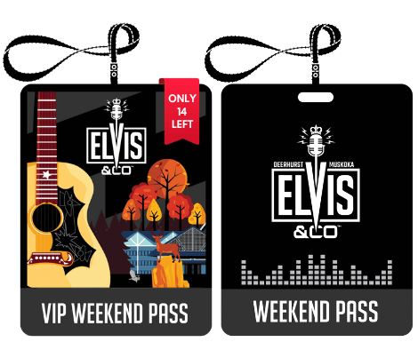 Two Elvis & Co weekend passes: left VIP pass with guitar art and trees; right standard pass with logo.